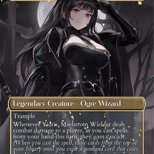 Op de afbeelding: Een Magic: The Gathering-kaart met "Yidris, Maelstrom Wielder." De kaart heeft een donkere esthetiek met een illustratie van een vrouwelijk personage. Tekst bevat "Legendary Creature - Ogre Wizard" en spelinstructies. De kracht en veerkracht van de kaart zijn 5/4.