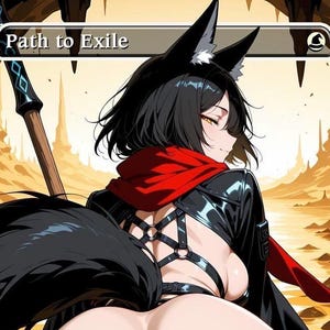 May include: Anime-style illustration featuring a character with black hair, fox ears, and a red scarf. The character is wearing a black outfit with harness details and a long tail. The image has the text "Path to Exile" at the top.