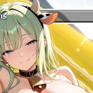 May include: Anime-style illustration of a woman with green hair, blue eyes, and cow-like features, including horns and ears. She wears a black collar with a bell. The word "Plains" is in a white box in the upper left corner.