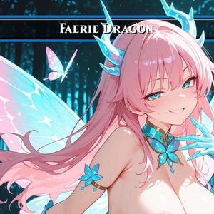 Puede incluir: Ilustración de estilo anime de un Faerie Dragon. El personaje tiene cabello rosado, ojos azules y alas de mariposa en tonos rosa y azul. El dragón está adornado con detalles azules y joyas. Una mariposa revolotea cerca.