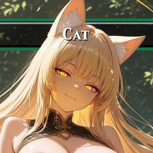 Peut inclure: Illustration de style anime d'une femme aux longs cheveux blonds et aux oreilles de chat. Le mot "CAT" est affiché au-dessus de la femme. La femme sourit avec des yeux jaunes. L'arrière-plan est une scène de forêt floue.