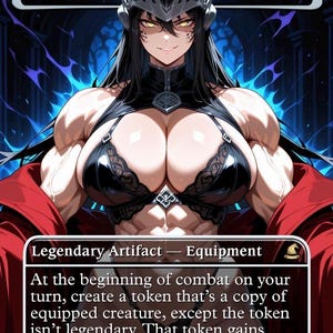 Pode incluir: Um cartão de arte fantástica com uma figura feminina musculosa usando um capacete prateado e uma armadura preta. O cartão é rotulado como "Helm of the Host" e é um Artefato Lendário - Equipamento. O texto do cartão descreve suas habilidades de combate.