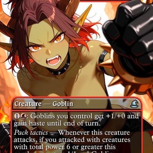 Könnte beinhalten: Digitale Illustration eines Goblin-Charakters aus einem Kartenspiel. Der Goblin hat rotes Haar, orangefarbene Augen und trägt einen schwarzen Kragen. Der Kartentext lautet "Battle Cry Goblin" und beschreibt die Fähigkeiten der Kreatur.