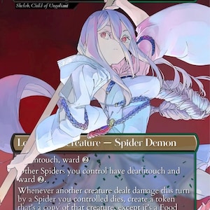 Puede incluir: Una carta de Magic: The Gathering titulada "Nightmare of the Iinth" con una ilustración de estilo anime de un personaje con pelo largo, lila claro y ojos rojos. El texto de la carta describe una criatura Spider Demon con deathtouch y ward.