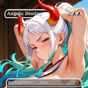 May include: Digital artwork featuring a character with white hair, red and yellow horns, and blue and green details. The image includes the text "Angelic Destiny" and "Enchantment - Aura". The character has a confident expression.