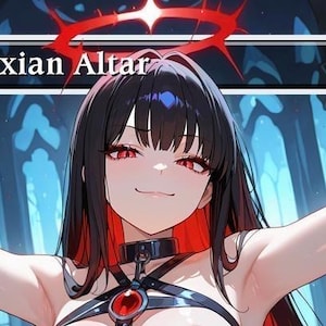 May include: Anime-style illustration featuring a character with black hair and red eyes, wearing a black outfit. The image includes the text "Phyrexian Altar" and a mana cost of 3. A red halo with thorns is above the character's head.