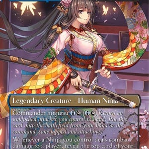 Puede incluir: Una carta de Magic: The Gathering con Yuriko, la Sombra del Tigre. La carta representa a una ninja femenina con un kimono rosa y dorado sosteniendo una katana. El texto de la carta dice "Criatura Legendaria - Ninja Humano". El fondo tiene un diseño floral.