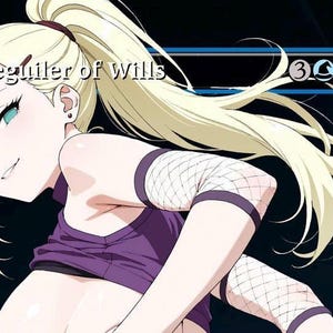 May include: Anime-style illustration of a character with long blonde hair in a ponytail. The character wears a purple top and fishnet arm and leg warmers. Text above the character reads "Beguiler of Wills". A blue bar with numbers is in the background.