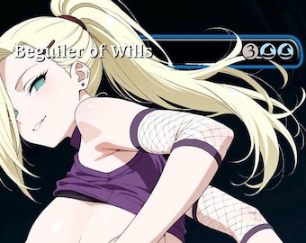 May include: Anime-style illustration of a character with long blonde hair in a ponytail. The character wears a purple top and fishnet arm and leg warmers. Text above the character reads "Beguiler of Wills". A blue bar with numbers is in the background.