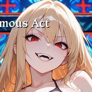 Pode incluir: Ilustração em estilo anime de uma mulher com longos cabelos loiros, olhos vermelhos e presas. A imagem apresenta o texto "Blasphemous Act" em uma faixa vermelha e preta. O fundo mostra um vitral com detalhes azuis e vermelhos.