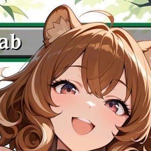 Può includere: Illustrazione in stile anime con un personaggio sorridente con capelli castani e orecchie da animale. Il testo "Cache Grab" è visualizzato sopra il personaggio. Lo sfondo include rami di alberi e foglie, con un bordo verde.