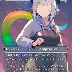 May include: A Magic: The Gathering card featuring "Morophon, the Shapeshifter." The card depicts a character with white hair, purple horns, and a rainbow-colored tail. The character is wearing a white hoodie and a black top. The card has text describing its abilities.