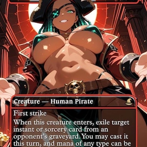 Puede incluir: Carta de fantasía que presenta a una pirata con ojos verdes y cabello turquesa, vistiendo un sombrero de pirata negro y un abrigo rojo. El texto de la carta dice "Dire Fleet Daredevil" y "Criatura - Pirata Humano".