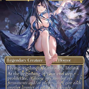 May include: A Magic: The Gathering card featuring Atraxa, Praetor's Voice. The card depicts a female figure with long black hair and blue attire, surrounded by dark wings. Text includes "Legendary Creature" and game mechanics. The card's power and toughness are 4/4.