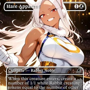 May include: A trading card featuring an illustration of a character with long white hair, rabbit ears, and red eyes. The character wears a white and blue outfit with gold accents. The card text reads Hare Apparent, Creature Rabbit Noble.
