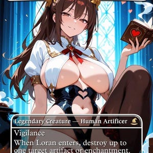 Peut inclure: Carte d'art fantastique avec "Loran of the Third Path". La carte représente une femme aux longs cheveux bruns, vêtue d'une tenue blanche et noire. Le texte de la carte comprend "Legendary Creature - Human Artificer" et "Vigilance".