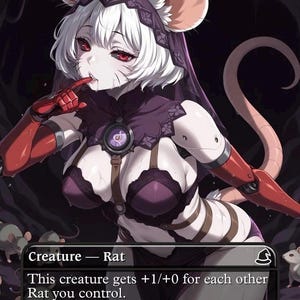 May include: A fantasy card featuring a humanoid rat character with white hair, red eyes, and a purple outfit. The card is labeled "Rat Colony" and includes game text. The card's power and toughness are 2/1.