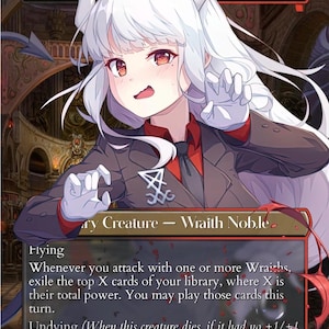 May include: A fantasy art card depicting a character with white hair, horns, and red eyes. The character wears a black suit with a red shirt and tie. The card is labelled "Witch in" and "Wraith Noble". The card includes text detailing its abilities.