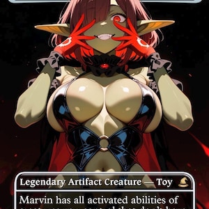 Op de afbeelding: Een fantasy art kaart met "Marvin, Murderous Mimic". Het personage heeft rood haar, rode handschoenen en puntige oren. De kaarttekst luidt "Legendary Artifact Creature - Toy". De kracht en veerkracht van de kaart zijn 2/2.