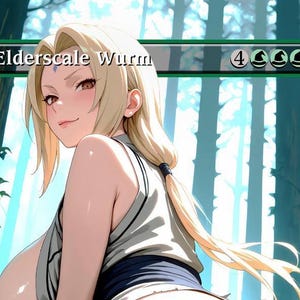 Puede incluir: Ilustración de estilo anime de una mujer con largo cabello rubio, vestida con un atuendo blanco y azul. La imagen incluye el texto "Elderscale Wurm" y una serie de símbolos y números. El fondo presenta una escena de bosque con árboles altos.