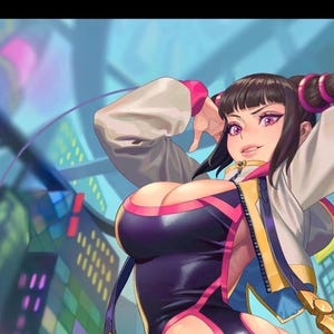 Könnte beinhalten: Digitale Illustration einer Frau mit dunklem Haar, das in zwei Duttfrisuren gestylt ist, die ein schwarzes und lila Outfit mit rosa Akzenten trägt. Sie trägt auch eine weiße Jacke mit rosa und gelben Verzierungen. Der Hintergrund zeigt eine Stadtlandschaft.