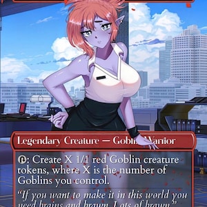 Può includere: Una carta di Magic: The Gathering con bordo rosso, raffigurante una guerriera goblin in stile anime di nome Krenko, M. Il testo della carta descrive le abilità della creatura e una citazione. L'illustrazione mostra una goblin femminile con capelli arancioni e pelle viola.