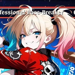 Peut inclure: Illustration de style anime d'un personnage avec des couettes blondes, des mèches de cheveux bleues et roses et des yeux bleus. Le personnage porte une veste rouge avec des accents noirs et tient une batte de baseball à pointes. Le texte indique "Professional Face-Breaker".