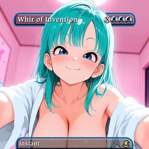 Może przedstawiać: Ilustracja w stylu anime kobiety z turkusowymi włosami i niebieskimi oczami, uśmiechniętej. Obraz zawiera tekst "Whir of Invention" i "Instant". Tło to różowy pokój.