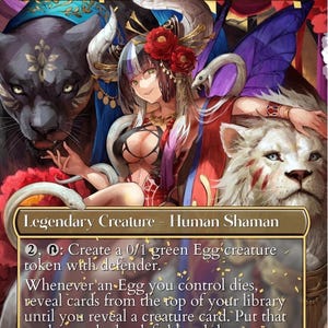 Peut inclure: Carte de jeu fantastique avec Atla Palani, Nest Tender, un Chaman Humain. L'illustration représente une femme avec un serpent, un lion blanc et une panthère noire. Le texte de la carte comprend des instructions de jeu et des statistiques : 2/3.