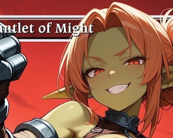 May include: Illustration of a green-skinned character with red eyes and orange hair, smiling with sharp teeth. The character is wearing a dark outfit and a metal gauntlet. Text reads "Gauntlet of Might". A number 4 is in the upper right corner.