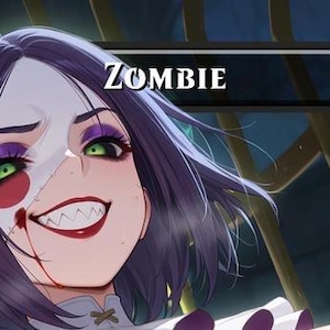 May include: An illustration of a zombie woman with purple hair, green eyes, and a stitched-up face. The word "ZOMBIE" is displayed in a black banner above her head. The woman has a sinister smile and blood dripping from her face.
