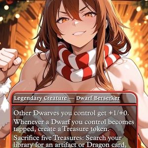 Może przedstawiać: Karta Magic: The Gathering z "Magda, Brazen Outlaw". Karta przedstawia postać żeńską z brązowymi włosami i czerwono-białym szalikiem. Tekst opisuje Berserkera Krasnoluda z umiejętnościami związanymi z Krasnoludami i żetonami Skarbu.