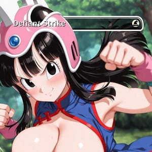 Könnte beinhalten: Anime-Illustration eines weiblichen Charakters in einem blau-roten Outfit mit einem rosa Helm. Der Text "Defiant Strike" wird über ihr angezeigt. Sie ballt die Faust, bereit für die Action.