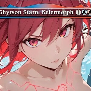 May include: A trading card featuring an anime-style character with vibrant red hair and glowing pink eyes. The top banner displays the text Ghyrson Starn, Kelermorph with mana symbols. The character has glowing red geometric lines on their skin.