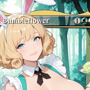 Puede incluir: Ilustración de estilo anime de una mujer con cabello rubio y ojos azules, que lleva una diadema de orejas de conejo y un atuendo de doncella. Sostiene una bandeja con comida y una bebida. El fondo presenta una escena de bosque.