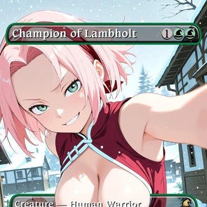 Peut inclure: Illustration de style anime d'un personnage aux cheveux roses et aux yeux verts, vêtu d'une tenue marron. Le texte "Champion of Lambholt" est affiché en haut. L'arrière-plan montre un village enneigé.
