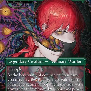 May include: A Magic: The Gathering card featuring Makima, Devil of Domination. The card has a green border with the text "Makima, Devil of Domination" and "Yasova Dragonclaw". The illustration depicts a character with red hair and a mask.