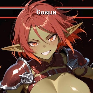 Peut inclure: Illustration numérique d'une gobelin féminine aux cheveux roux et aux oreilles pointues. Elle a la peau verte et porte une armure rouge. Le mot "GOBLIN" est affiché au-dessus de sa tête en texte blanc sur fond noir.