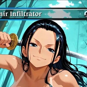 May include: A trading card titled Dimir Infiltrator featuring an anime-style character with long black hair holding a katana over their shoulder. The background depicts a stylized forest in shades of teal and blue with two black mana symbols.
