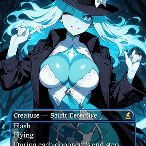 Könnte beinhalten: Eine Fantasy-Art-Karte mit dem Titel "Final-Word Phantom", die eine weibliche Geisterdetektivin mit blauen Haaren und leuchtender Haut zeigt. Sie trägt einen schwarzen Hut mit weißer Schleife, einen schwarzen Mantel und ein türkis-weißes Outfit. Der Kartentext enthält "Flash" und "Flying".