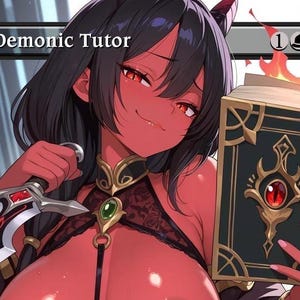 May include: Anime-style illustration of a red-skinned character with black hair and red eyes, holding a sword and a book. The book has a red gem and gold accents. The text "Demonic Tutor" is displayed at the top.