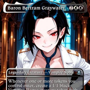 May include: A Magic: The Gathering card featuring "Baron Bertram Graywater." The card shows a stylized vampire with black hair, red eyes, and a white coat. The text on the card identifies it as a "Legendary Creature - Vampire Noble."