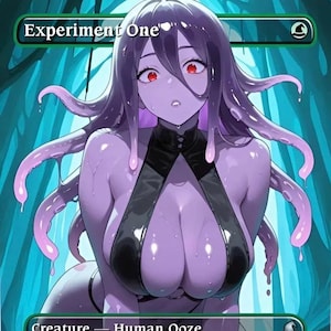 May include: An illustration of a humanoid creature with purple skin, red eyes, and long, flowing purple hair. The creature is wearing a black outfit and has tentacles. The text "Experiment One" and "Creature - Human Ooze" are visible.