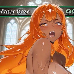May include: Illustration of a dark-skinned character with orange, flowing hair and a suggestive expression. The character has sharp teeth and is partially nude. The text "Predator Ooze" is displayed at the top of the image.