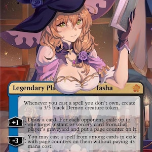 May include: A Magic: The Gathering card featuring "Tasha, the Witch Queen." The artwork depicts a woman with long, wavy auburn hair, wearing a purple witch hat and dress. The card has a blue border with text describing the card's abilities.