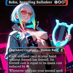 May include: A Magic: The Gathering card featuring "Bohn, Beguiling Balladeer." The card depicts a female character with blue hair, orange glasses, and a futuristic outfit, holding a glowing harp. The card text describes the creature's abilities.