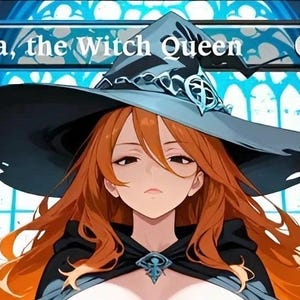 May include: An illustration of Tasha, the Witch Queen, with long red hair and a large black witch hat. The image has a blue and black colour scheme, with the text "Tasha, the Witch Queen" at the top. The character is wearing a black cape.