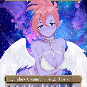 May include: A fantasy art card featuring Atraxa, Proctor's Voice. The character has pink hair, pale skin, and white wings. The card text reads "Legendary Creature - Angel Horror" and lists abilities. The background is a purple and blue galaxy.