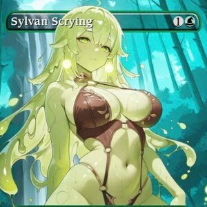 Könnte beinhalten: Eine Fantasy-Art-Karte mit dem Titel "Sylvan Scrying", die eine weibliche Figur mit grüner Haut und Haaren zeigt. Sie trägt einen braunen Bikini und ist vor dem Hintergrund eines Waldes mit türkisfarbenem Farbschema platziert.