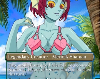 May include: A Magic: The Gathering card featuring Kumena, Tyrant of Orazca, a Merfolk Shaman. The illustration depicts a teal-skinned humanoid with red hair and a pink heart-shaped bikini. The card text describes game actions.